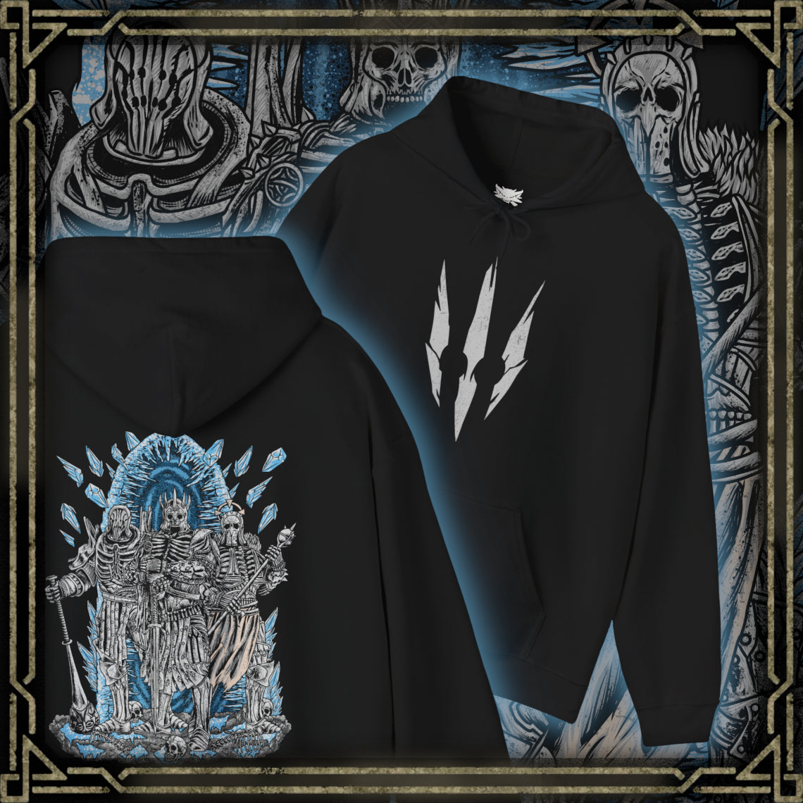 Thumbnail of a Hooded Sweatshirt of the Wild Hunt emerging from spectral mist, with Eredin leading his generals across a snow-choked wasteland. Imlerith’s savage strength and Caranthir’s otherworldly sorcery contrast against Eredin’s cold authority. The composition emphasizes their unity as instruments of domination, bringing eternal frost, war, and despair wherever the Wild Hunt rides.