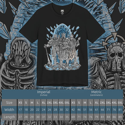Size chart of a T-shirt design of the Wild Hunt from The Witcher 3, featuring Eredin Bréacc Glas, Imlerith, and Caranthir Ar-Feiniel advancing through a frozen battlefield. Clad in spectral armor and surrounded by swirling frost and ash, the elven riders embody the apocalyptic force seeking to enslave worlds. The design captures their relentless pursuit of Ciri and the icy terror of the Aen Elle invasion.