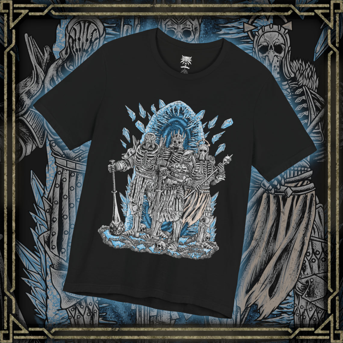 Thumbnail of a T-shirt design of the Wild Hunt from The Witcher 3, featuring Eredin Bréacc Glas, Imlerith, and Caranthir Ar-Feiniel advancing through a frozen battlefield. Clad in spectral armor and surrounded by swirling frost and ash, the elven riders embody the apocalyptic force seeking to enslave worlds. The design captures their relentless pursuit of Ciri and the icy terror of the Aen Elle invasion.