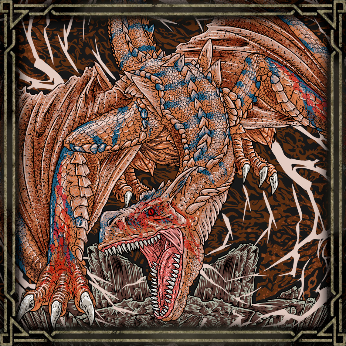 Concept Art of Tigrex the Roaring Wyvern. Tigrex stands as one of the most iconic predators in Monster Hunter, feared for its speed and savage attacks. With powerful wings used more for mobility than flight, it hunts like a living force of destruction. Tigrex represents pure instinct and dominance — a monster that overwhelms through aggression alone.