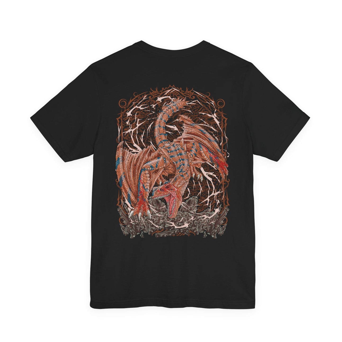 Image 5 of a T-shirt artwork depicting Tigrex lunging forward with ferocious speed, wings tucked as it barrels through a mountainous landscape. Its striped hide and piercing eyes radiate primal fury while shockwaves ripple through the ground. This design reflects the monster’s reputation for overwhelming force, relentless pursuit, and the chaos it brings to any hunter daring to stand its ground.