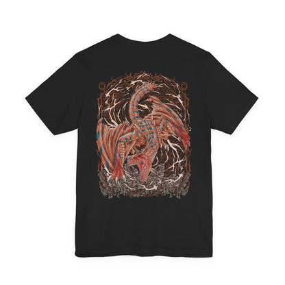 Image 5 of a T-shirt artwork depicting Tigrex lunging forward with ferocious speed, wings tucked as it barrels through a mountainous landscape. Its striped hide and piercing eyes radiate primal fury while shockwaves ripple through the ground. This design reflects the monster’s reputation for overwhelming force, relentless pursuit, and the chaos it brings to any hunter daring to stand its ground.