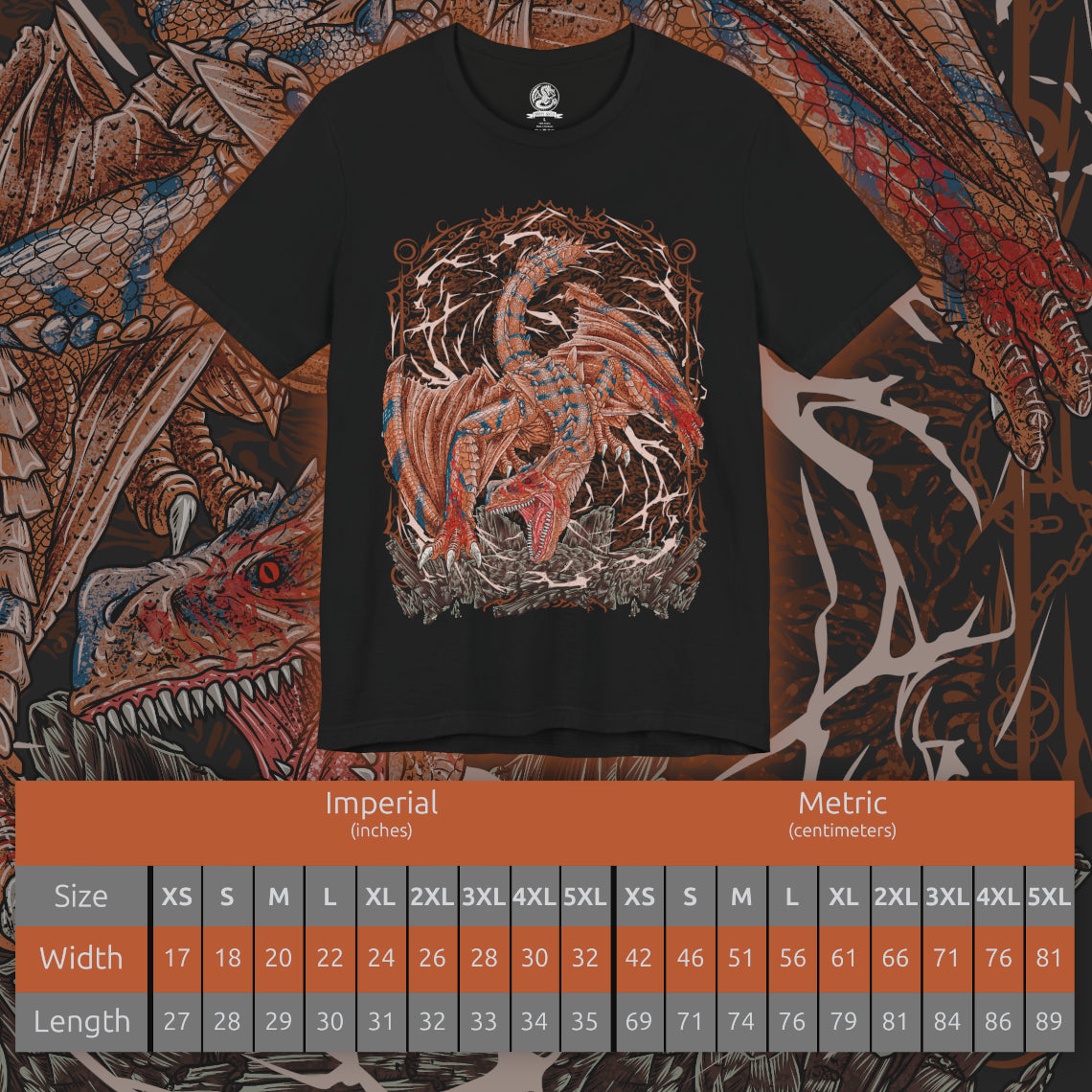 Size chart of a T-shirt artwork depicting Tigrex lunging forward with ferocious speed, wings tucked as it barrels through a mountainous landscape. Its striped hide and piercing eyes radiate primal fury while shockwaves ripple through the ground. This design reflects the monster’s reputation for overwhelming force, relentless pursuit, and the chaos it brings to any hunter daring to stand its ground.