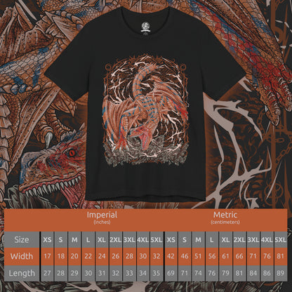Size chart of a T-shirt artwork depicting Tigrex lunging forward with ferocious speed, wings tucked as it barrels through a mountainous landscape. Its striped hide and piercing eyes radiate primal fury while shockwaves ripple through the ground. This design reflects the monster’s reputation for overwhelming force, relentless pursuit, and the chaos it brings to any hunter daring to stand its ground.