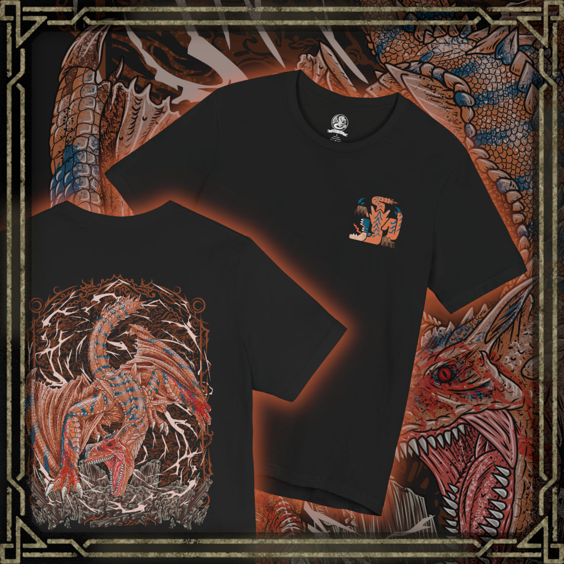 Thumbnail of a T-shirt artwork depicting Tigrex lunging forward with ferocious speed, wings tucked as it barrels through a mountainous landscape. Its striped hide and piercing eyes radiate primal fury while shockwaves ripple through the ground. This design reflects the monster’s reputation for overwhelming force, relentless pursuit, and the chaos it brings to any hunter daring to stand its ground.