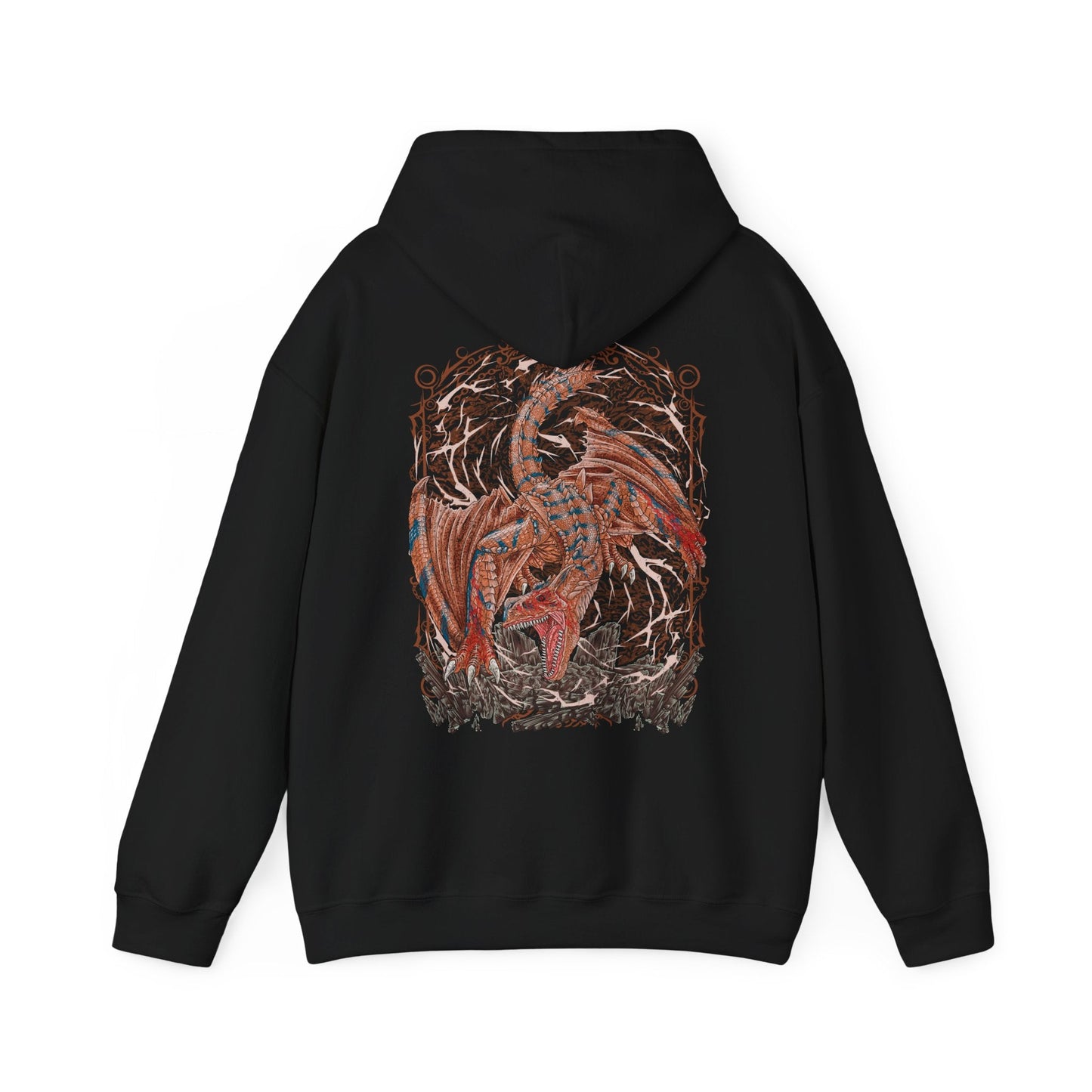 Image 5 of a Hooded Sweatshirt of Tigrex standing atop shattered terrain, roaring into the sky as its powerful limbs brace against the ground. Wind and dust swirl violently around its muscular frame, emphasizing its dominance through sheer physical might. The composition highlights aggression, speed, and the unstoppable nature of one of Monster Hunter’s most iconic and terrifying wyverns.
