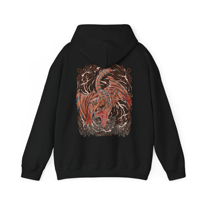 Image 5 of a Hooded Sweatshirt of Tigrex standing atop shattered terrain, roaring into the sky as its powerful limbs brace against the ground. Wind and dust swirl violently around its muscular frame, emphasizing its dominance through sheer physical might. The composition highlights aggression, speed, and the unstoppable nature of one of Monster Hunter’s most iconic and terrifying wyverns.