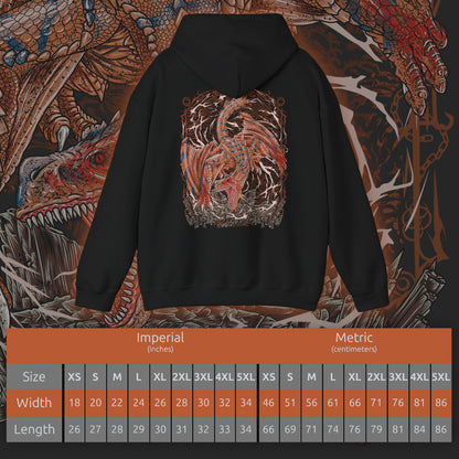 Size chart of a Hooded Sweatshirt of Tigrex standing atop shattered terrain, roaring into the sky as its powerful limbs brace against the ground. Wind and dust swirl violently around its muscular frame, emphasizing its dominance through sheer physical might. The composition highlights aggression, speed, and the unstoppable nature of one of Monster Hunter’s most iconic and terrifying wyverns.