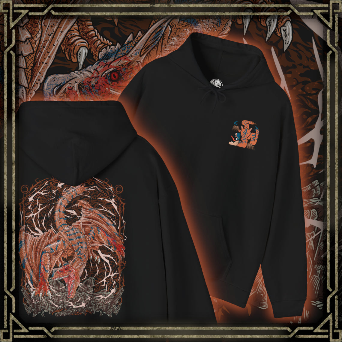 Thumbnail of a Hooded Sweatshirt of Tigrex standing atop shattered terrain, roaring into the sky as its powerful limbs brace against the ground. Wind and dust swirl violently around its muscular frame, emphasizing its dominance through sheer physical might. The composition highlights aggression, speed, and the unstoppable nature of one of Monster Hunter’s most iconic and terrifying wyverns.