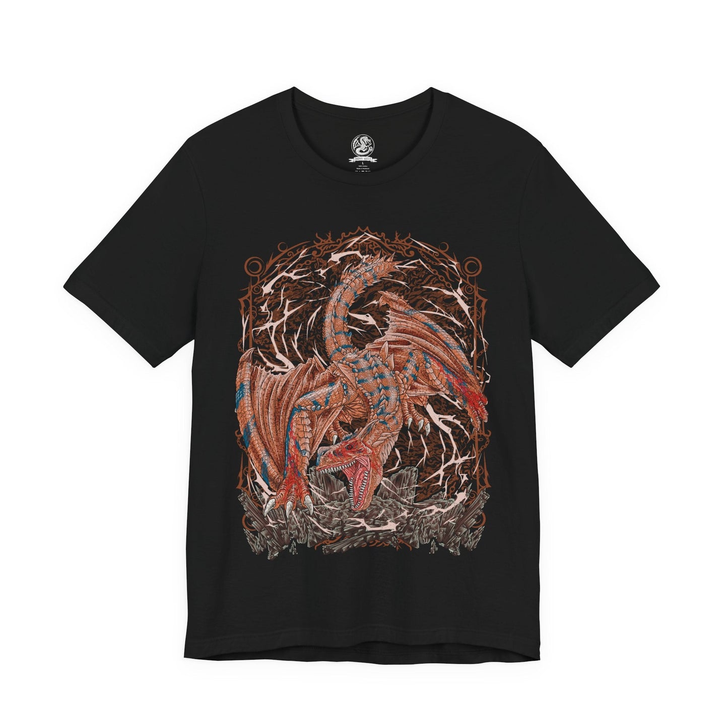 Image 4 of a T-shirt design of Tigrex from Monster Hunter, the brutal flying wyvern charging across a rocky canyon with jaws wide open in a deafening roar. Its massive claws tear through stone while dust and debris explode around it. The design captures Tigrex’s raw aggression, unmatched physical strength, and relentless hunting instinct that makes it one of the most feared predators in the wild.