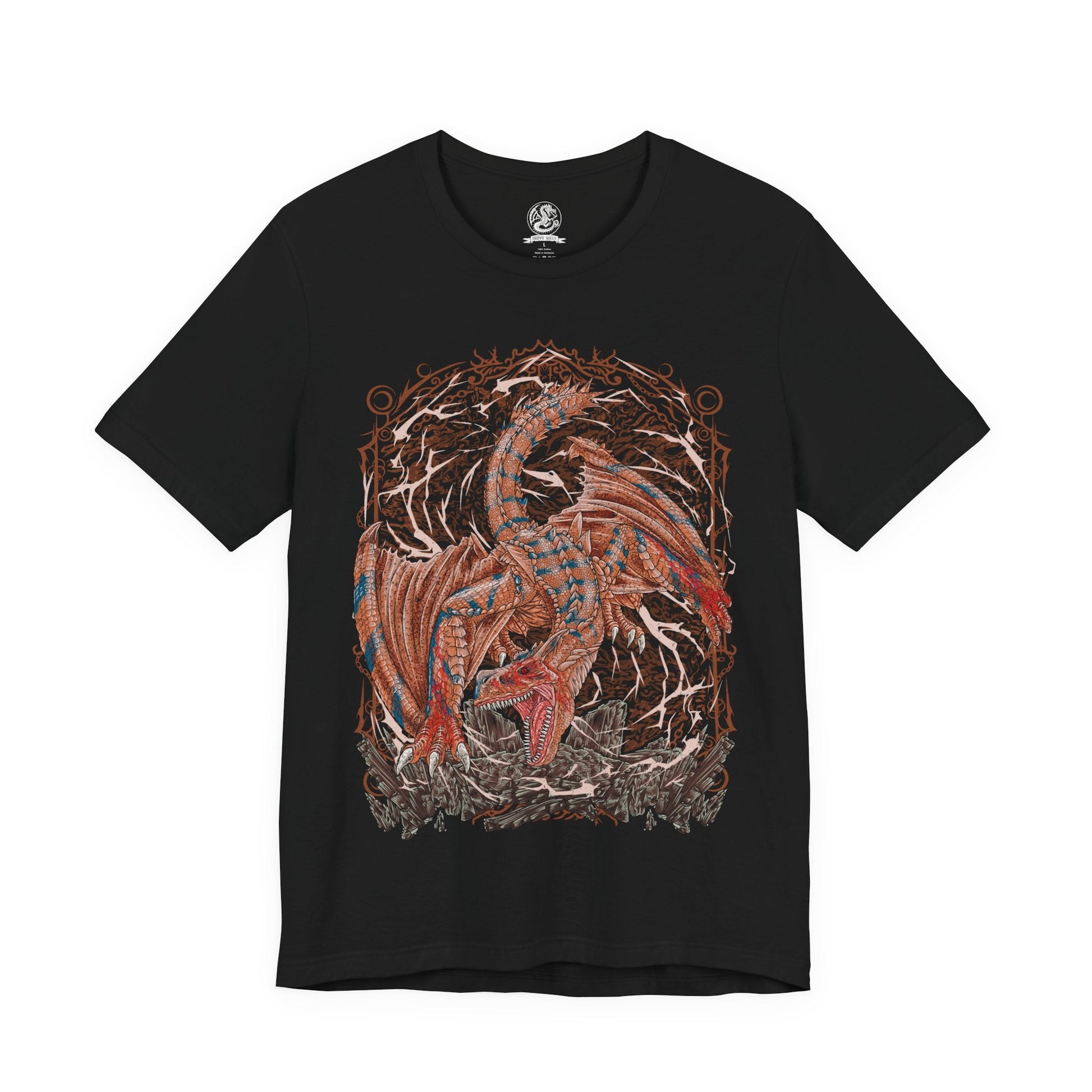 Image 4 of a T-shirt design of Tigrex from Monster Hunter, the brutal flying wyvern charging across a rocky canyon with jaws wide open in a deafening roar. Its massive claws tear through stone while dust and debris explode around it. The design captures Tigrex’s raw aggression, unmatched physical strength, and relentless hunting instinct that makes it one of the most feared predators in the wild.
