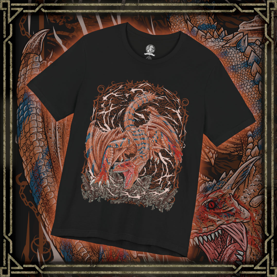 Thumbnail of a T-shirt design of Tigrex from Monster Hunter, the brutal flying wyvern charging across a rocky canyon with jaws wide open in a deafening roar. Its massive claws tear through stone while dust and debris explode around it. The design captures Tigrex’s raw aggression, unmatched physical strength, and relentless hunting instinct that makes it one of the most feared predators in the wild.