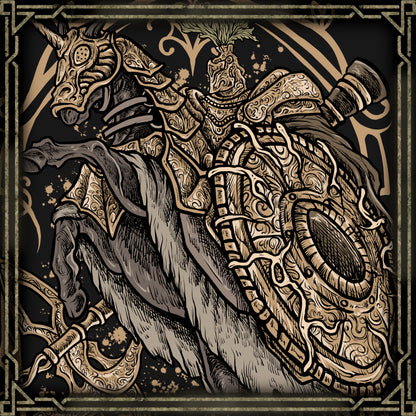 Artwork of Tree Sentinel. The Tree Sentinel patrols the lands near the Erdtree as a divine knight sworn to protect the Golden Order. Clad in radiant armor and wielding a massive halberd, he punishes Tarnished who dare approach sacred territory. His presence reflects the authority of the Erdtree and the unforgiving nature of grace denied.