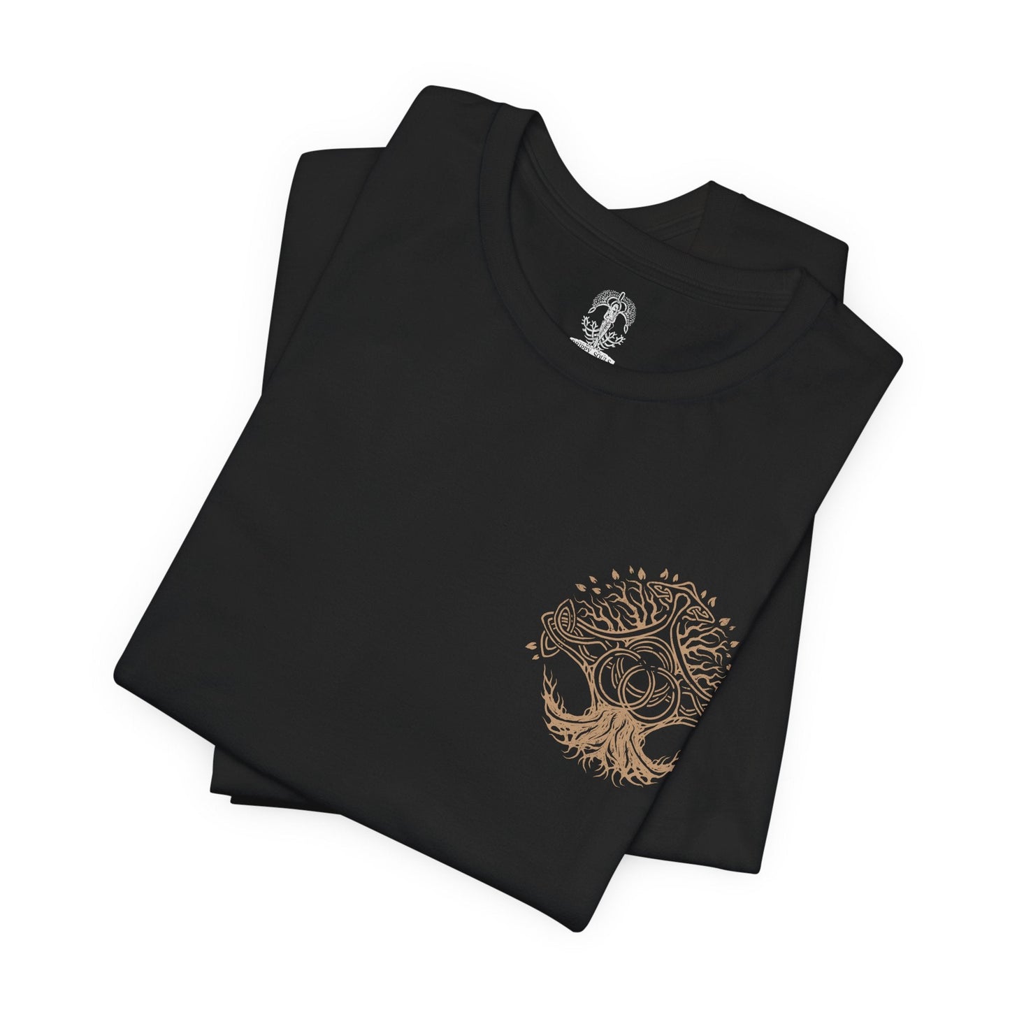 Image 6 of a T-shirt artwork depicting the Tree Sentinel patrolling sacred ground beneath the towering Erdtree, golden armor reflecting divine light. Dust rises beneath the hooves of his steed as his massive halberd is raised to strike. This design reflects the impenetrable defense of holy order and the first true test of strength that defines the Lands Between’s brutal path.