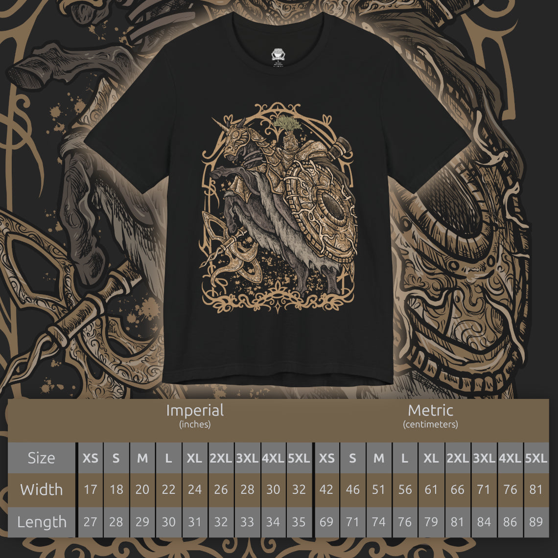 Size chart of a T-shirt artwork depicting the Tree Sentinel patrolling sacred ground beneath the towering Erdtree, golden armor reflecting divine light. Dust rises beneath the hooves of his steed as his massive halberd is raised to strike. This design reflects the impenetrable defense of holy order and the first true test of strength that defines the Lands Between’s brutal path.