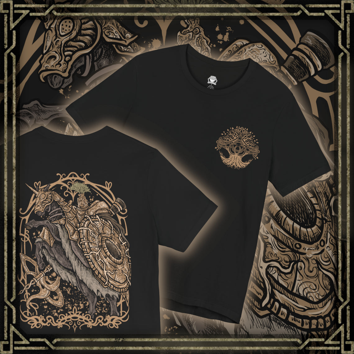 Thumbnail of a T-shirt artwork depicting the Tree Sentinel patrolling sacred ground beneath the towering Erdtree, golden armor reflecting divine light. Dust rises beneath the hooves of his steed as his massive halberd is raised to strike. This design reflects the impenetrable defense of holy order and the first true test of strength that defines the Lands Between’s brutal path.
