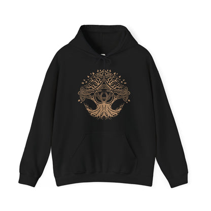 Image 4 of a Hooded Sweatshirt illustration of the Tree Sentinel standing vigilant on a sunlit battlefield, ornate armor glowing with divine power. The Erdtree looms in the distance as his weapon crackles with sacred energy. The composition emphasizes divine authority, relentless protection, and the unyielding will of those who serve the Golden Order.