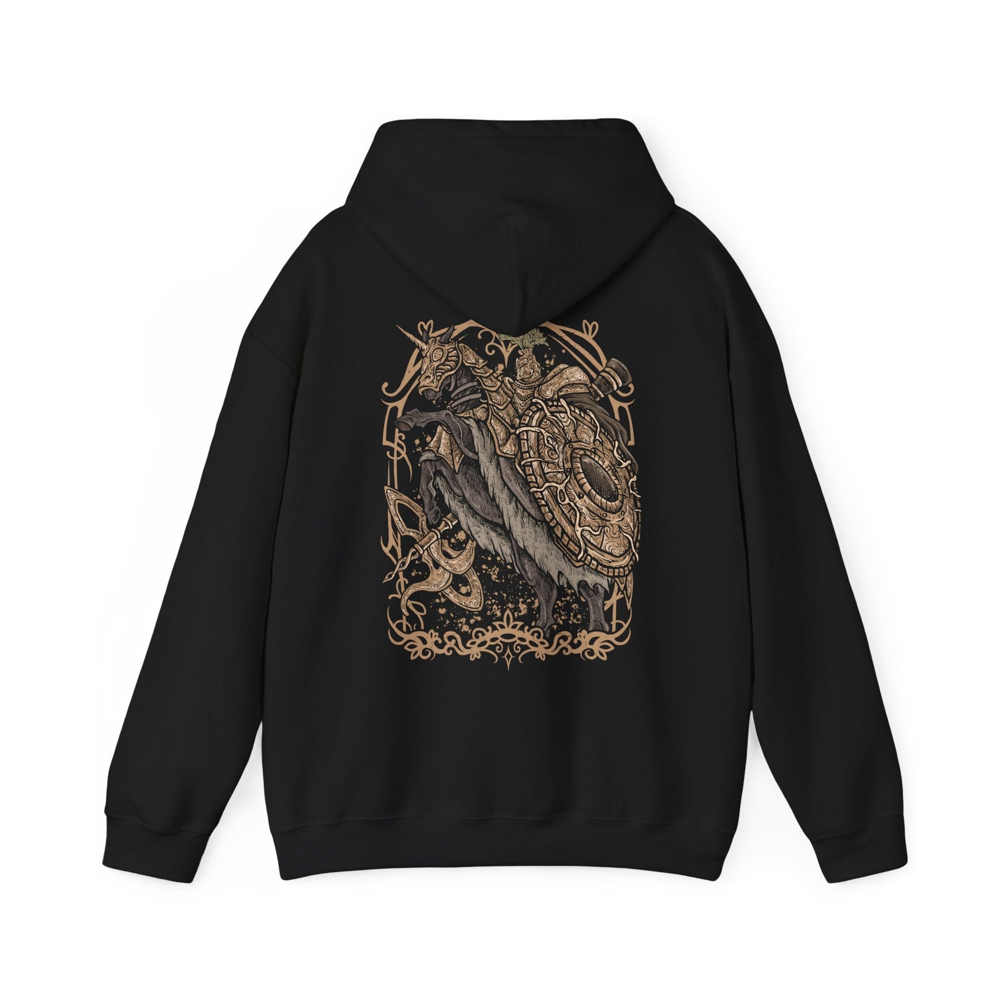 Image 5 of a Hooded Sweatshirt illustration of the Tree Sentinel standing vigilant on a sunlit battlefield, ornate armor glowing with divine power. The Erdtree looms in the distance as his weapon crackles with sacred energy. The composition emphasizes divine authority, relentless protection, and the unyielding will of those who serve the Golden Order.