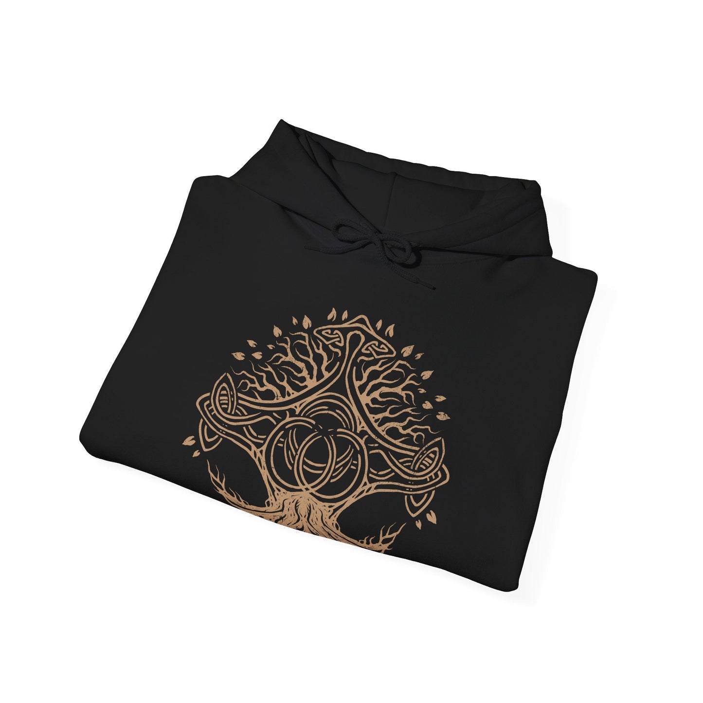 Image 6 of a Hooded Sweatshirt illustration of the Tree Sentinel standing vigilant on a sunlit battlefield, ornate armor glowing with divine power. The Erdtree looms in the distance as his weapon crackles with sacred energy. The composition emphasizes divine authority, relentless protection, and the unyielding will of those who serve the Golden Order.
