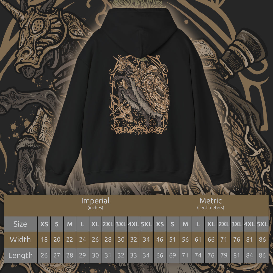 Size chart of a Hooded Sweatshirt illustration of the Tree Sentinel standing vigilant on a sunlit battlefield, ornate armor glowing with divine power. The Erdtree looms in the distance as his weapon crackles with sacred energy. The composition emphasizes divine authority, relentless protection, and the unyielding will of those who serve the Golden Order.