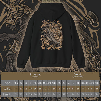 Size chart of a Hooded Sweatshirt illustration of the Tree Sentinel standing vigilant on a sunlit battlefield, ornate armor glowing with divine power. The Erdtree looms in the distance as his weapon crackles with sacred energy. The composition emphasizes divine authority, relentless protection, and the unyielding will of those who serve the Golden Order.