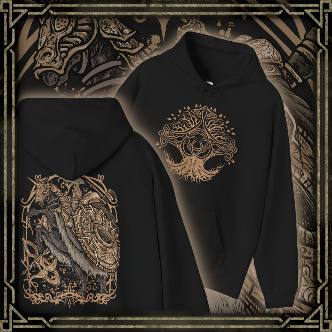 Thumbnail of a Hooded Sweatshirt illustration of the Tree Sentinel standing vigilant on a sunlit battlefield, ornate armor glowing with divine power. The Erdtree looms in the distance as his weapon crackles with sacred energy. The composition emphasizes divine authority, relentless protection, and the unyielding will of those who serve the Golden Order.
