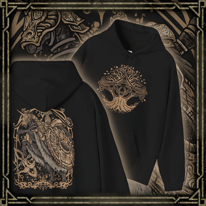 Thumbnail of a Hooded Sweatshirt illustration of the Tree Sentinel standing vigilant on a sunlit battlefield, ornate armor glowing with divine power. The Erdtree looms in the distance as his weapon crackles with sacred energy. The composition emphasizes divine authority, relentless protection, and the unyielding will of those who serve the Golden Order.