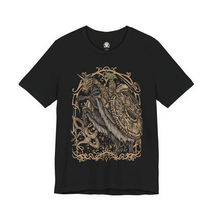 Image 4 of a T-shirt design of the Tree Sentinel from Elden Ring, charging across the golden plains of Limgrave in radiant armor atop a massive warhorse. His halberd gleams beneath the Erdtree’s light while holy energy trails behind each strike. The design captures the unwavering authority of the Erdtree’s guardians and the overwhelming presence that greets Tarnished at the dawn of their journey.