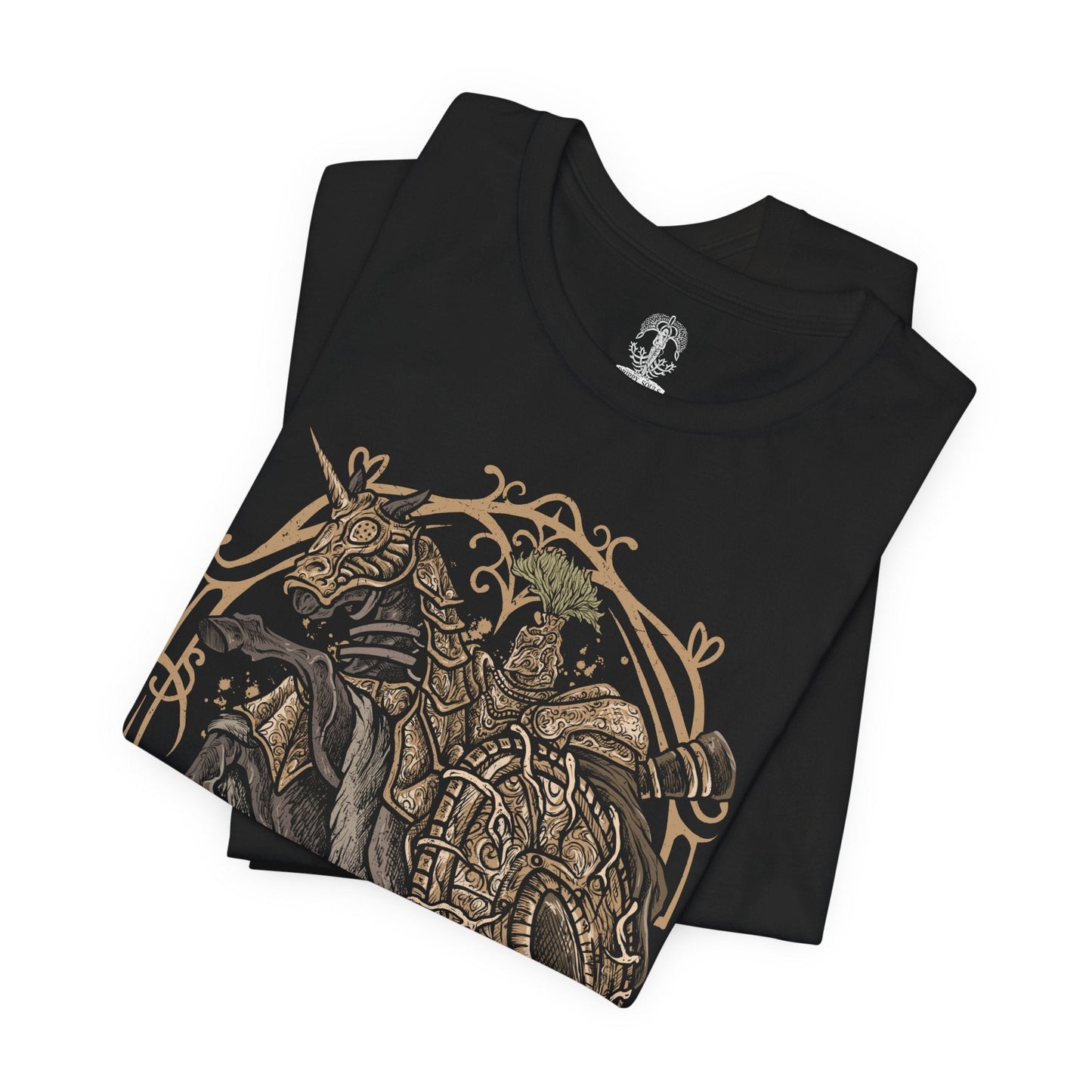 Image 5 of a T-shirt design of the Tree Sentinel from Elden Ring, charging across the golden plains of Limgrave in radiant armor atop a massive warhorse. His halberd gleams beneath the Erdtree’s light while holy energy trails behind each strike. The design captures the unwavering authority of the Erdtree’s guardians and the overwhelming presence that greets Tarnished at the dawn of their journey.