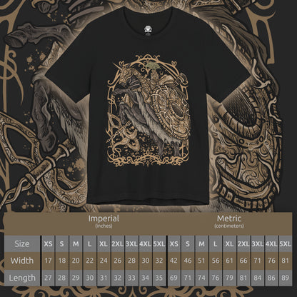 Size chart of a T-shirt design of the Tree Sentinel from Elden Ring, charging across the golden plains of Limgrave in radiant armor atop a massive warhorse. His halberd gleams beneath the Erdtree’s light while holy energy trails behind each strike. The design captures the unwavering authority of the Erdtree’s guardians and the overwhelming presence that greets Tarnished at the dawn of their journey.