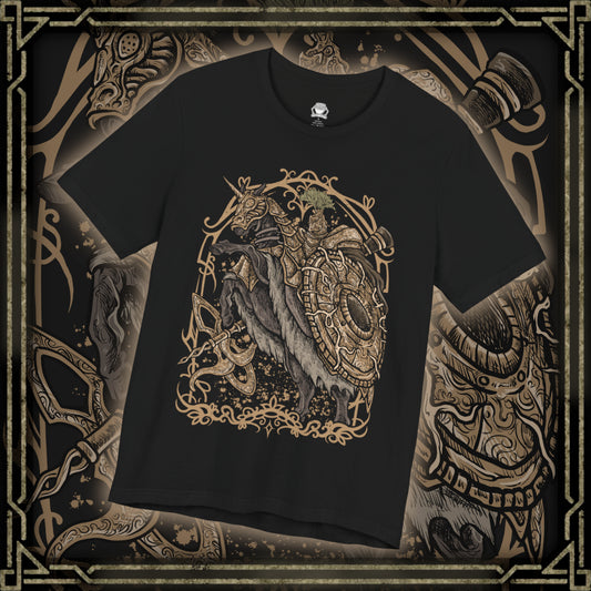 Thumbnail of a T-shirt design of the Tree Sentinel from Elden Ring, charging across the golden plains of Limgrave in radiant armor atop a massive warhorse. His halberd gleams beneath the Erdtree’s light while holy energy trails behind each strike. The design captures the unwavering authority of the Erdtree’s guardians and the overwhelming presence that greets Tarnished at the dawn of their journey.