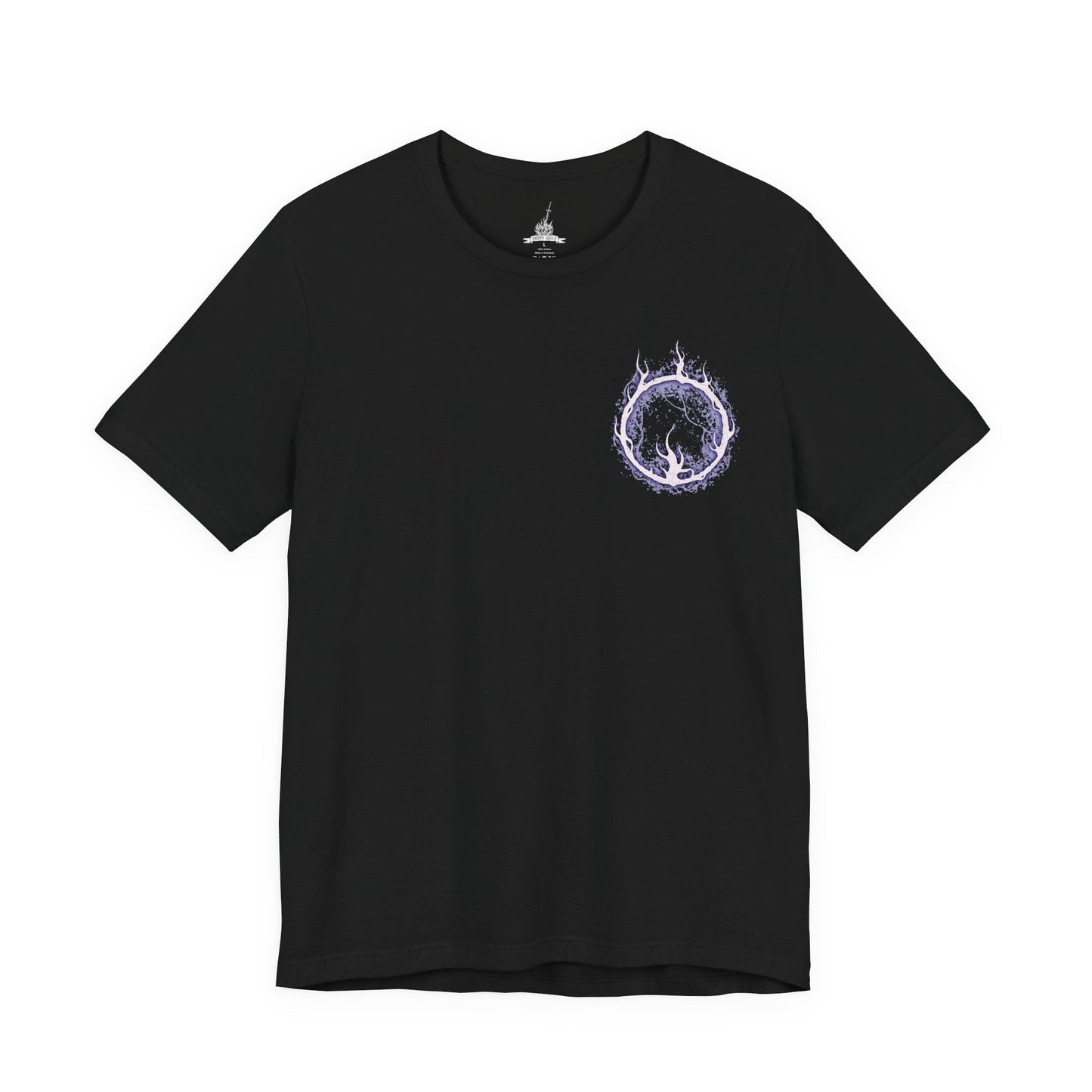 Image 4 of a T-Shirt artwork depicting Lorian, Elder Prince, kneeling amid the ashes of Lothric Castle while Lothric rests upon his back and prepares to unleash radiant magic. Golden light contrasts with Lorian's dark, flame-scarred armor as the brothers face their final battle. This design reflects their shared curse, unwavering devotion, and the tragic relationship at the heart of the Princes' story.