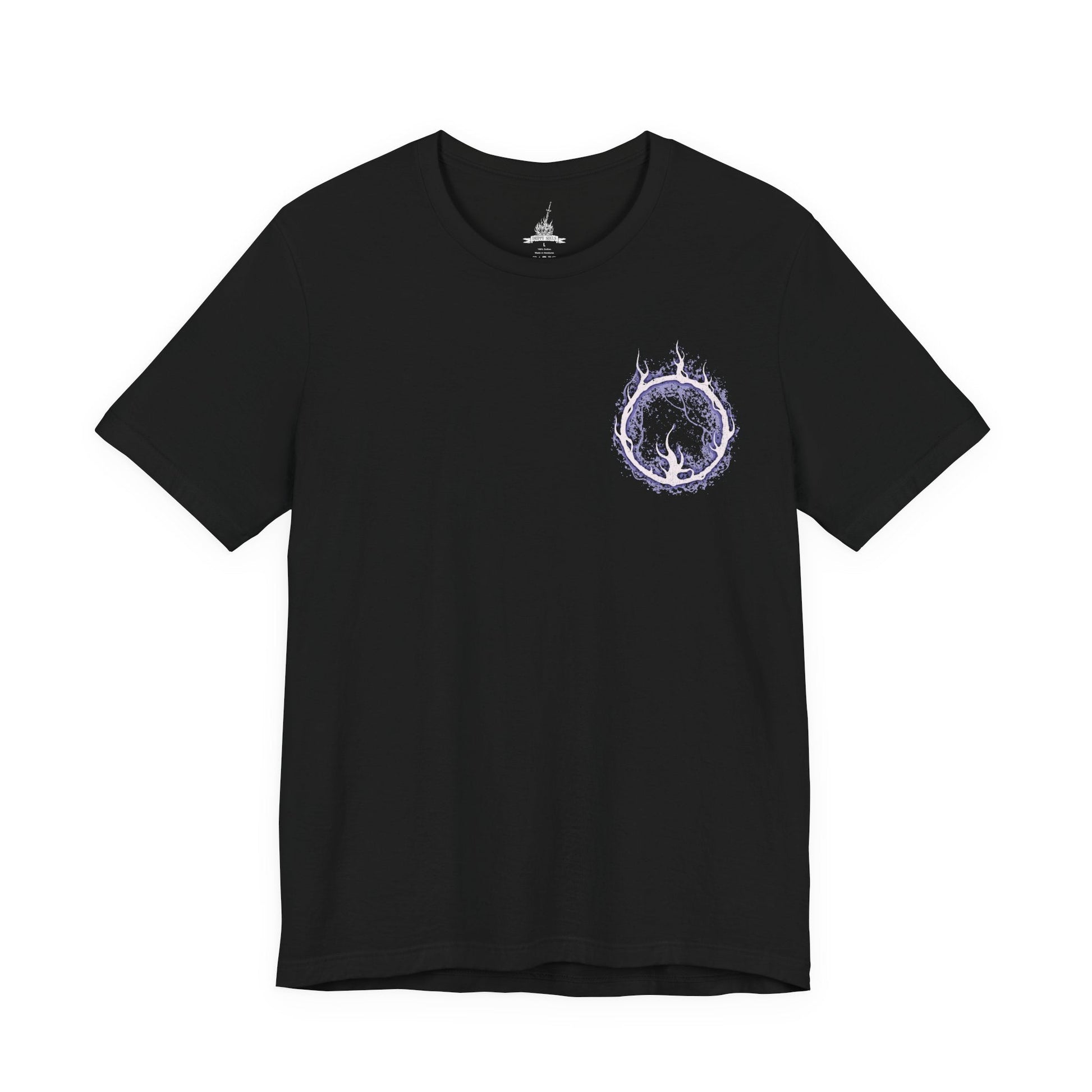 Image 4 of a T-Shirt artwork depicting Lorian, Elder Prince, kneeling amid the ashes of Lothric Castle while Lothric rests upon his back and prepares to unleash radiant magic. Golden light contrasts with Lorian's dark, flame-scarred armor as the brothers face their final battle. This design reflects their shared curse, unwavering devotion, and the tragic relationship at the heart of the Princes' story.