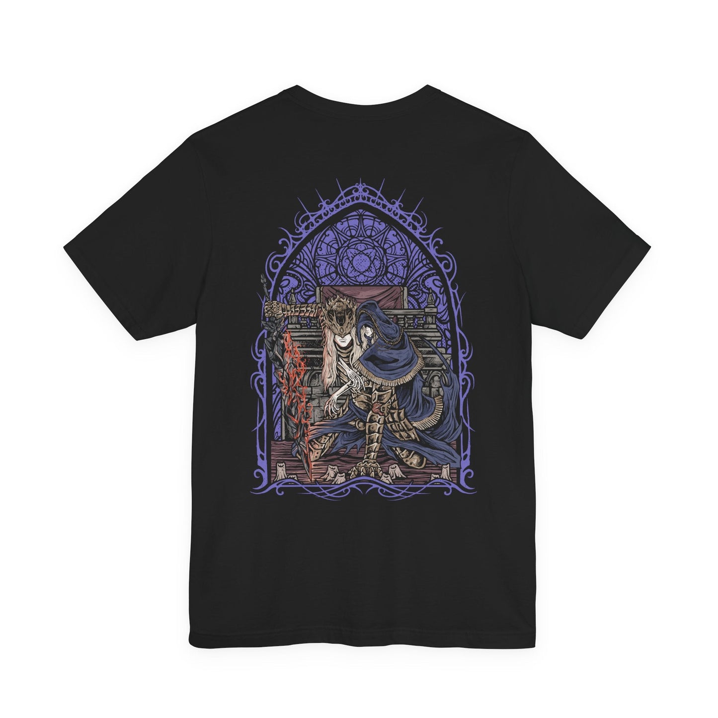 Image 5 of a T-Shirt artwork depicting Lorian, Elder Prince, kneeling amid the ashes of Lothric Castle while Lothric rests upon his back and prepares to unleash radiant magic. Golden light contrasts with Lorian's dark, flame-scarred armor as the brothers face their final battle. This design reflects their shared curse, unwavering devotion, and the tragic relationship at the heart of the Princes' story.