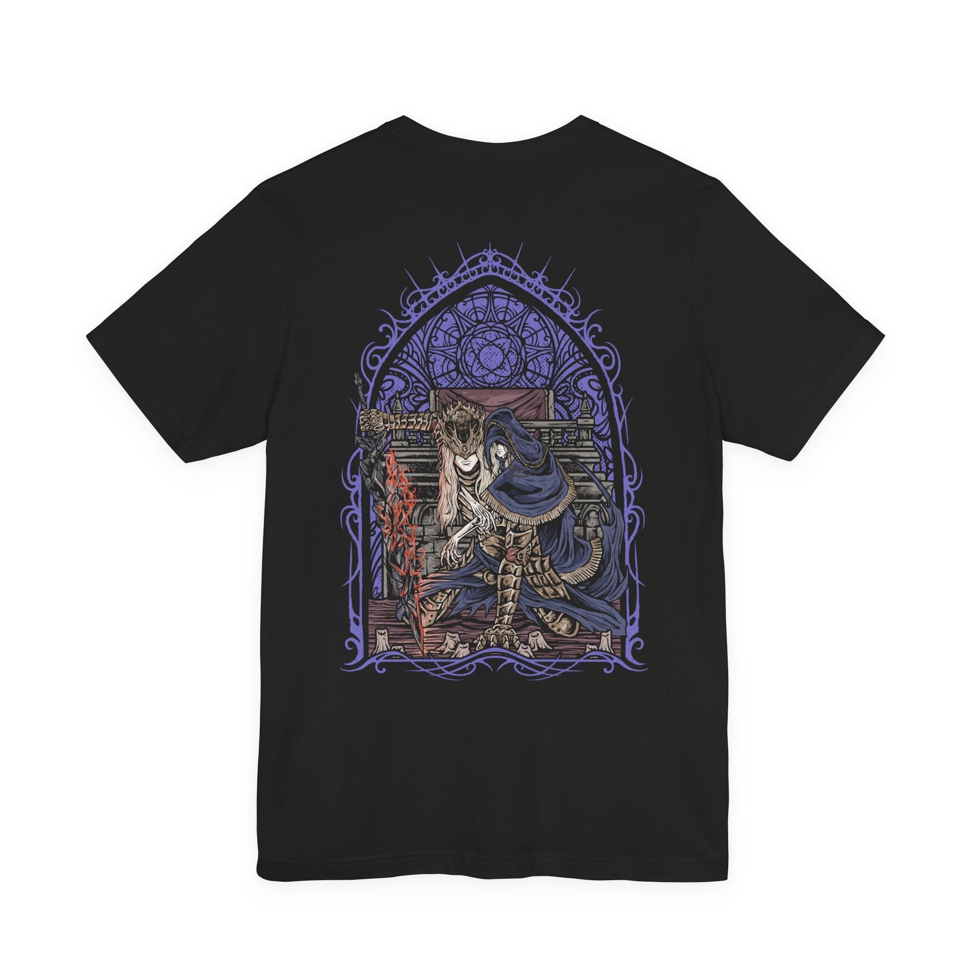 Image 5 of a T-Shirt artwork depicting Lorian, Elder Prince, kneeling amid the ashes of Lothric Castle while Lothric rests upon his back and prepares to unleash radiant magic. Golden light contrasts with Lorian's dark, flame-scarred armor as the brothers face their final battle. This design reflects their shared curse, unwavering devotion, and the tragic relationship at the heart of the Princes' story.