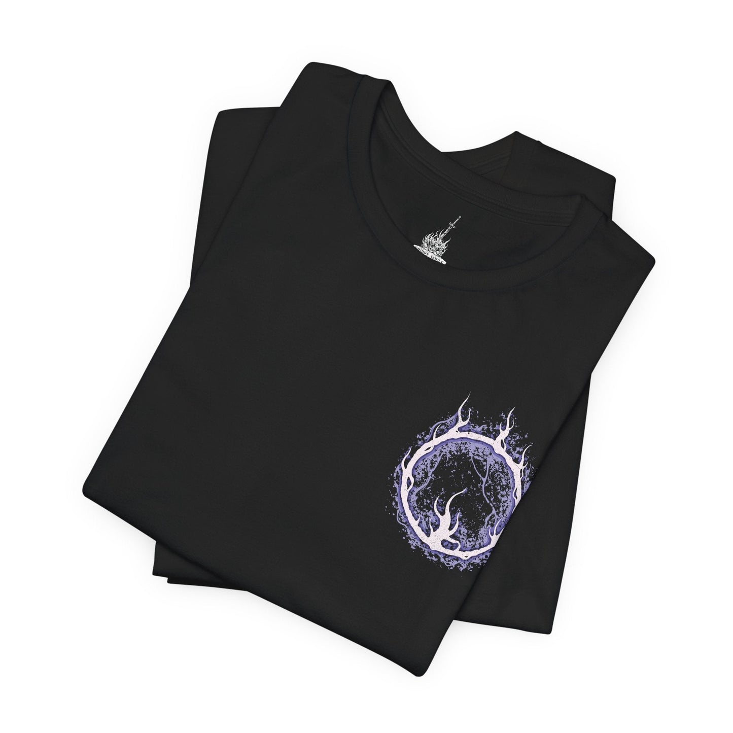 Image 6 of a T-Shirt artwork depicting Lorian, Elder Prince, kneeling amid the ashes of Lothric Castle while Lothric rests upon his back and prepares to unleash radiant magic. Golden light contrasts with Lorian's dark, flame-scarred armor as the brothers face their final battle. This design reflects their shared curse, unwavering devotion, and the tragic relationship at the heart of the Princes' story.