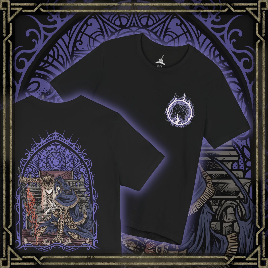 Thumbnail of a T-Shirt artwork depicting Lorian, Elder Prince, kneeling amid the ashes of Lothric Castle while Lothric rests upon his back and prepares to unleash radiant magic. Golden light contrasts with Lorian's dark, flame-scarred armor as the brothers face their final battle. This design reflects their shared curse, unwavering devotion, and the tragic relationship at the heart of the Princes' story.