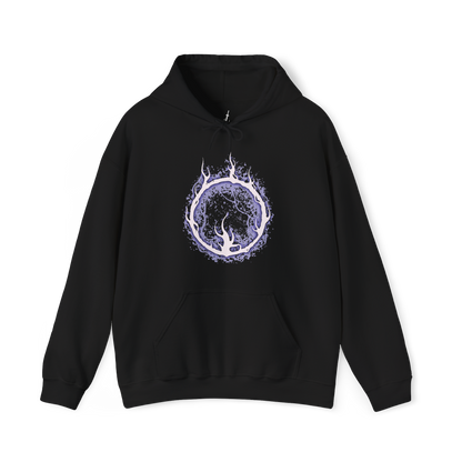 Image 4 of a Hooded Sweatshirt of Lorian and Lothric facing an approaching enemy within the burning throne room, the elder prince wielding his greatsword while his younger brother casts brilliant golden spells. Smoke and embers fill the ruined chamber around them. The composition emphasizes brotherhood, sacrifice, and the haunting tragedy of two princes who chose to remain together rather than accept their destined roles.