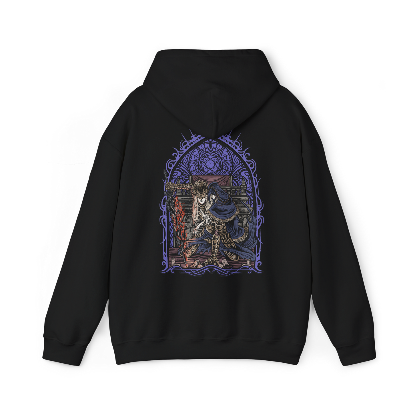 Image 5 of a Hooded Sweatshirt of Lorian and Lothric facing an approaching enemy within the burning throne room, the elder prince wielding his greatsword while his younger brother casts brilliant golden spells. Smoke and embers fill the ruined chamber around them. The composition emphasizes brotherhood, sacrifice, and the haunting tragedy of two princes who chose to remain together rather than accept their destined roles.