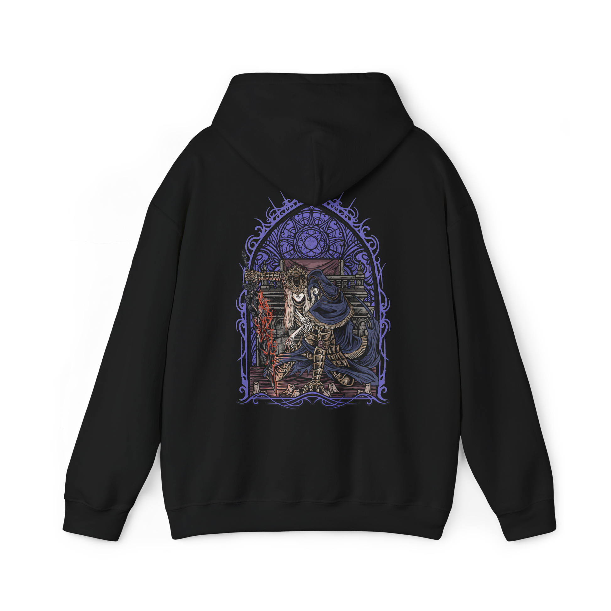 Image 5 of a Hooded Sweatshirt of Lorian and Lothric facing an approaching enemy within the burning throne room, the elder prince wielding his greatsword while his younger brother casts brilliant golden spells. Smoke and embers fill the ruined chamber around them. The composition emphasizes brotherhood, sacrifice, and the haunting tragedy of two princes who chose to remain together rather than accept their destined roles.
