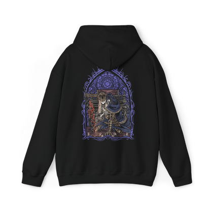 Image 5 of a Hooded Sweatshirt of Lorian and Lothric facing an approaching enemy within the burning throne room, the elder prince wielding his greatsword while his younger brother casts brilliant golden spells. Smoke and embers fill the ruined chamber around them. The composition emphasizes brotherhood, sacrifice, and the haunting tragedy of two princes who chose to remain together rather than accept their destined roles.