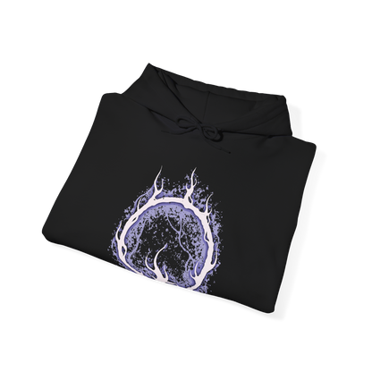 Image 6 of a Hooded Sweatshirt of Lorian and Lothric facing an approaching enemy within the burning throne room, the elder prince wielding his greatsword while his younger brother casts brilliant golden spells. Smoke and embers fill the ruined chamber around them. The composition emphasizes brotherhood, sacrifice, and the haunting tragedy of two princes who chose to remain together rather than accept their destined roles.