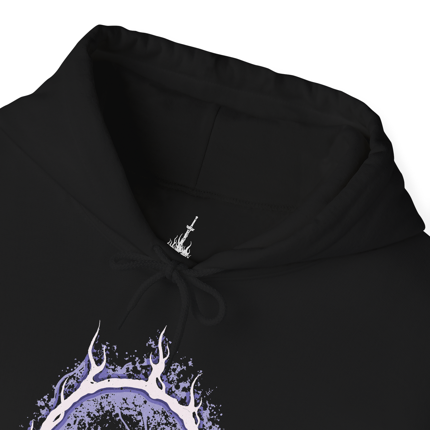 Folded Hooded Sweatshirt of Lorian and Lothric facing an approaching enemy within the burning throne room, the elder prince wielding his greatsword while his younger brother casts brilliant golden spells. Smoke and embers fill the ruined chamber around them. The composition emphasizes brotherhood, sacrifice, and the haunting tragedy of two princes who chose to remain together rather than accept their destined roles.