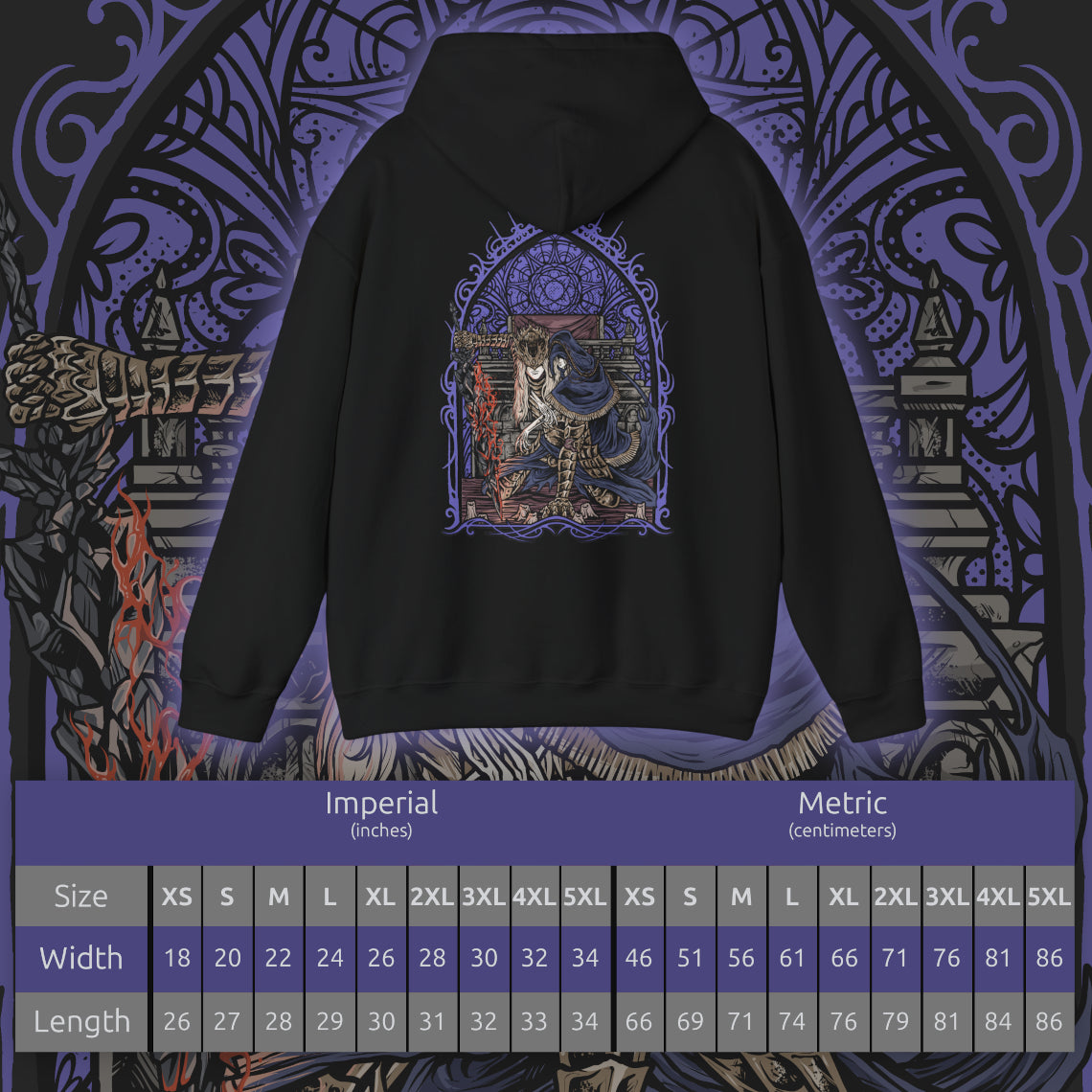 Size chart of a Hooded Sweatshirt of Lorian and Lothric facing an approaching enemy within the burning throne room, the elder prince wielding his greatsword while his younger brother casts brilliant golden spells. Smoke and embers fill the ruined chamber around them. The composition emphasizes brotherhood, sacrifice, and the haunting tragedy of two princes who chose to remain together rather than accept their destined roles.