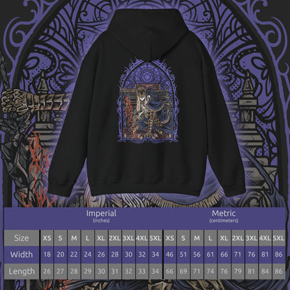 Size chart of a Hooded Sweatshirt of Lorian and Lothric facing an approaching enemy within the burning throne room, the elder prince wielding his greatsword while his younger brother casts brilliant golden spells. Smoke and embers fill the ruined chamber around them. The composition emphasizes brotherhood, sacrifice, and the haunting tragedy of two princes who chose to remain together rather than accept their destined roles.