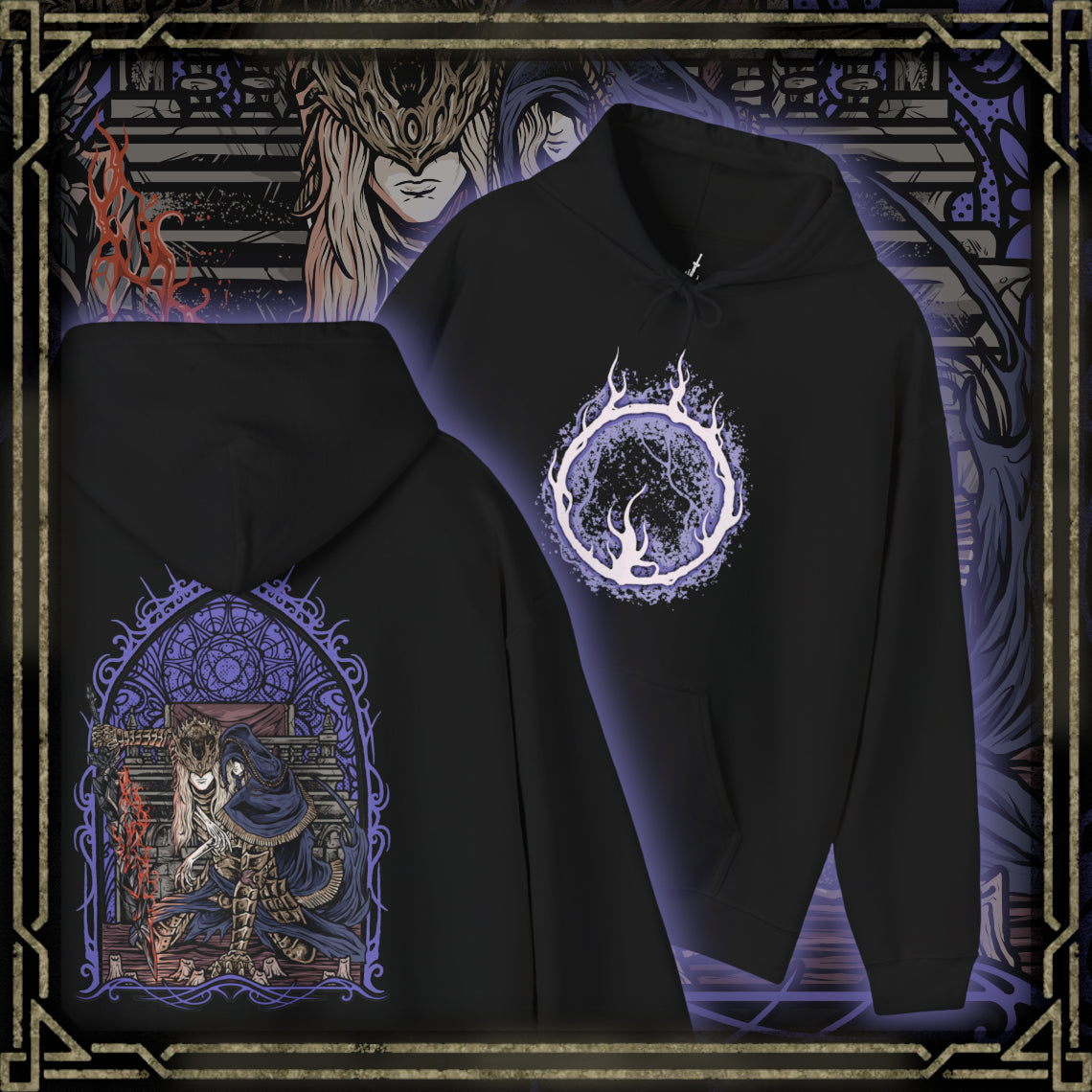 Thumbnail of a Hooded Sweatshirt of Lorian and Lothric facing an approaching enemy within the burning throne room, the elder prince wielding his greatsword while his younger brother casts brilliant golden spells. Smoke and embers fill the ruined chamber around them. The composition emphasizes brotherhood, sacrifice, and the haunting tragedy of two princes who chose to remain together rather than accept their destined roles.
