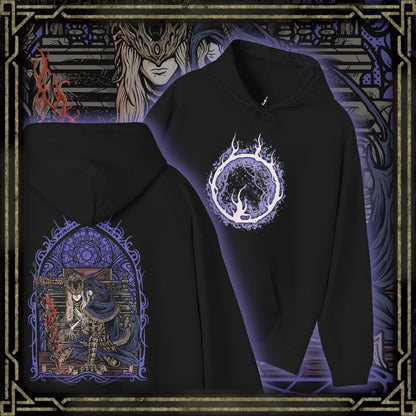 Thumbnail of a Hooded Sweatshirt of Lorian and Lothric facing an approaching enemy within the burning throne room, the elder prince wielding his greatsword while his younger brother casts brilliant golden spells. Smoke and embers fill the ruined chamber around them. The composition emphasizes brotherhood, sacrifice, and the haunting tragedy of two princes who chose to remain together rather than accept their destined roles.