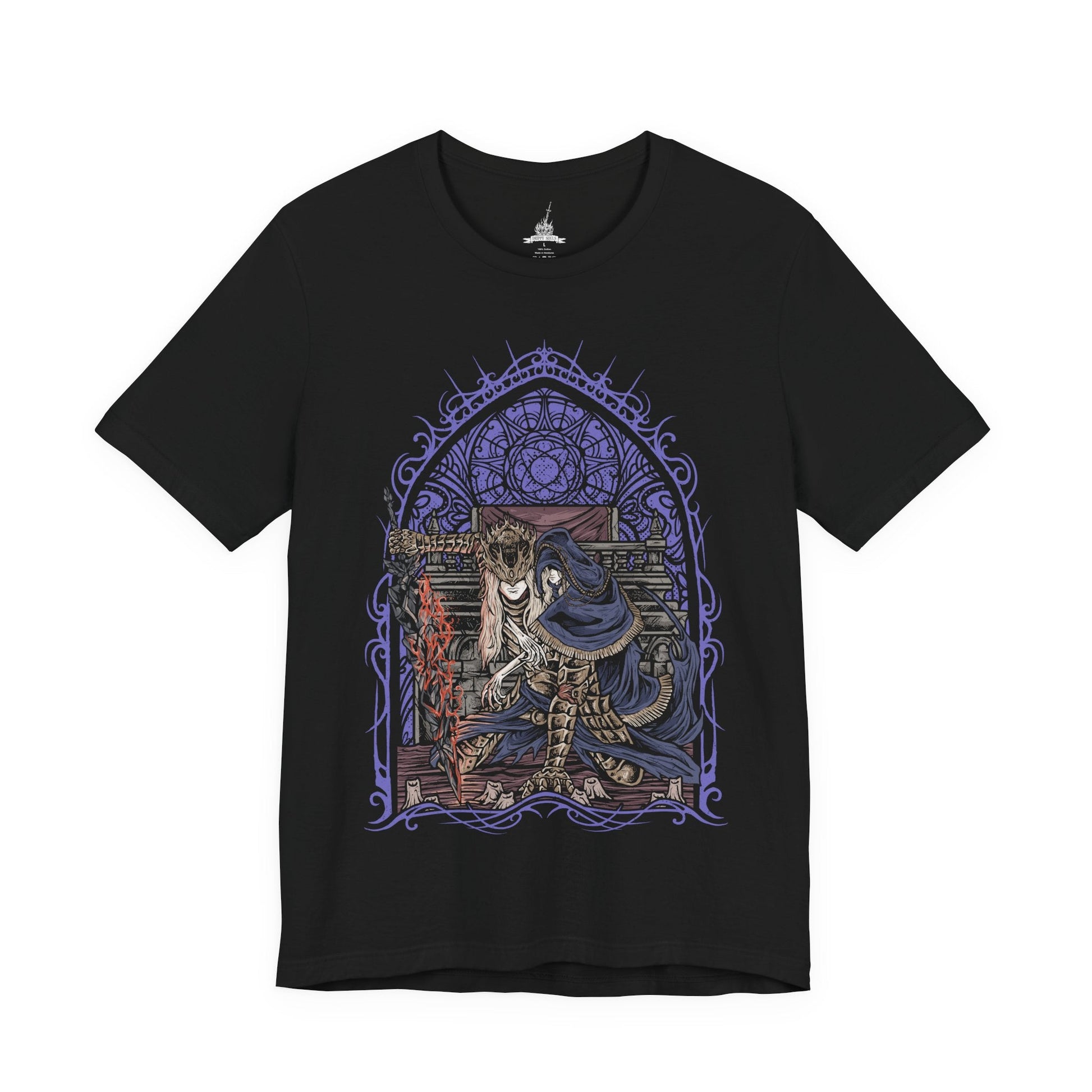 Image 4 of a T-Shirt design of Prince Lorian and Prince Lothric from Dark Souls III, standing together within the ruined halls of Lothric Castle as flames and darkness surround the brothers. Lorian grips his massive greatsword while Lothric channels powerful golden sorcery from behind him. The design captures their inseparable bond, tragic fate, and the curse that bound the elder prince to his younger brother.