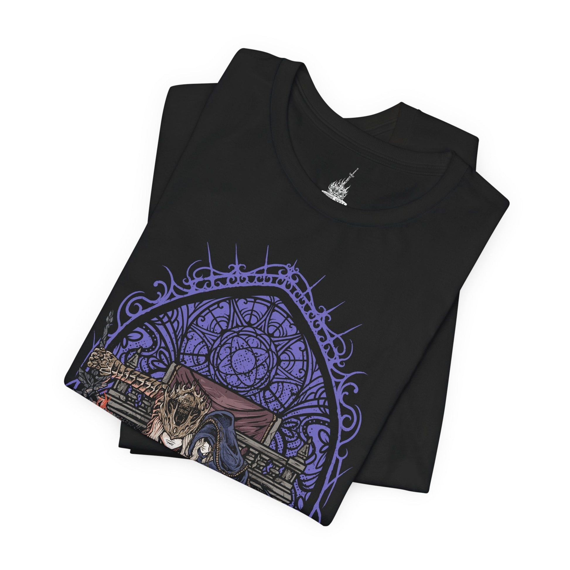 Image 5 of a T-Shirt design of Prince Lorian and Prince Lothric from Dark Souls III, standing together within the ruined halls of Lothric Castle as flames and darkness surround the brothers. Lorian grips his massive greatsword while Lothric channels powerful golden sorcery from behind him. The design captures their inseparable bond, tragic fate, and the curse that bound the elder prince to his younger brother.