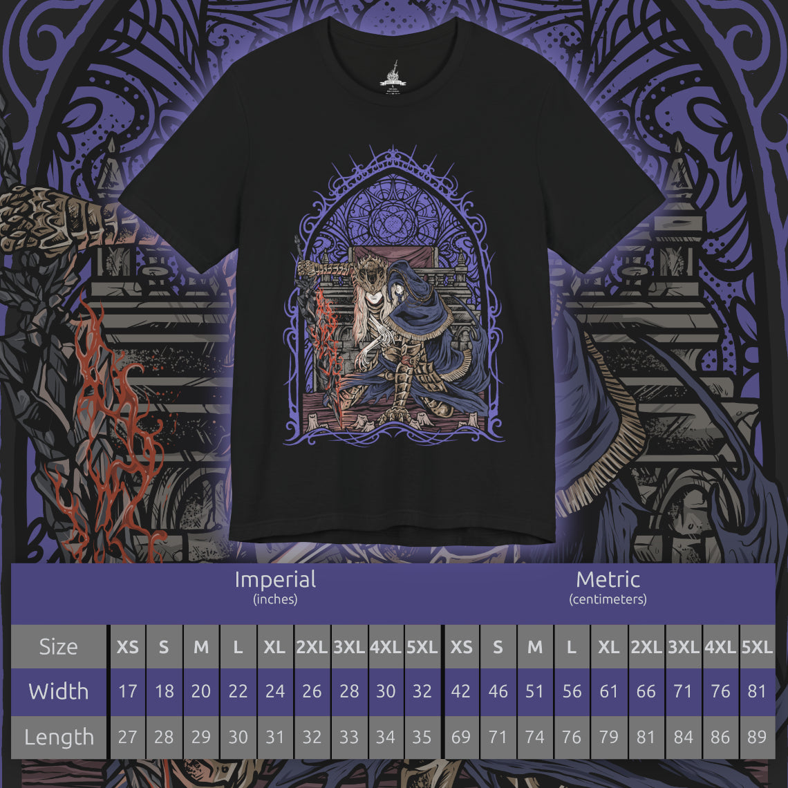 Size chart of a T-Shirt design of Prince Lorian and Prince Lothric from Dark Souls III, standing together within the ruined halls of Lothric Castle as flames and darkness surround the brothers. Lorian grips his massive greatsword while Lothric channels powerful golden sorcery from behind him. The design captures their inseparable bond, tragic fate, and the curse that bound the elder prince to his younger brother.